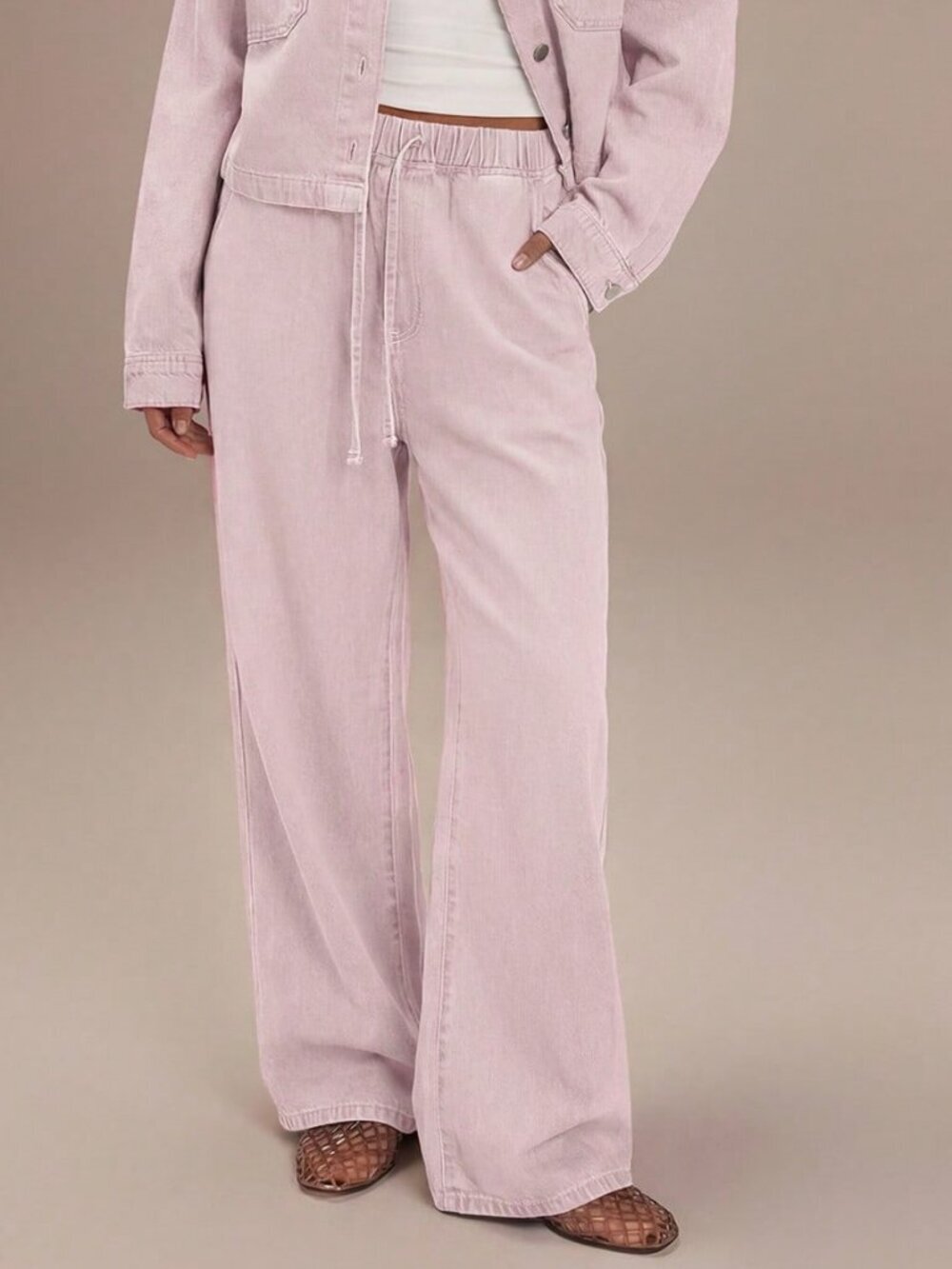 Baby Pink Casual Women's Denim Drawstring Waist Slant Pocket Jeans